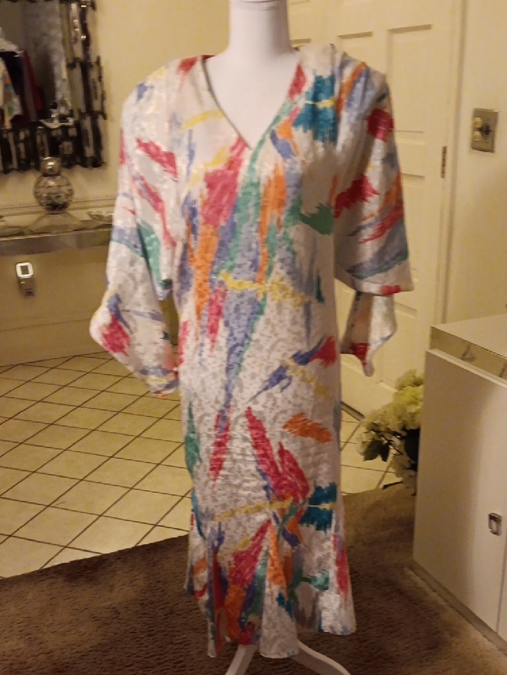 White Multicolor Abstract Print V-Neck Dress